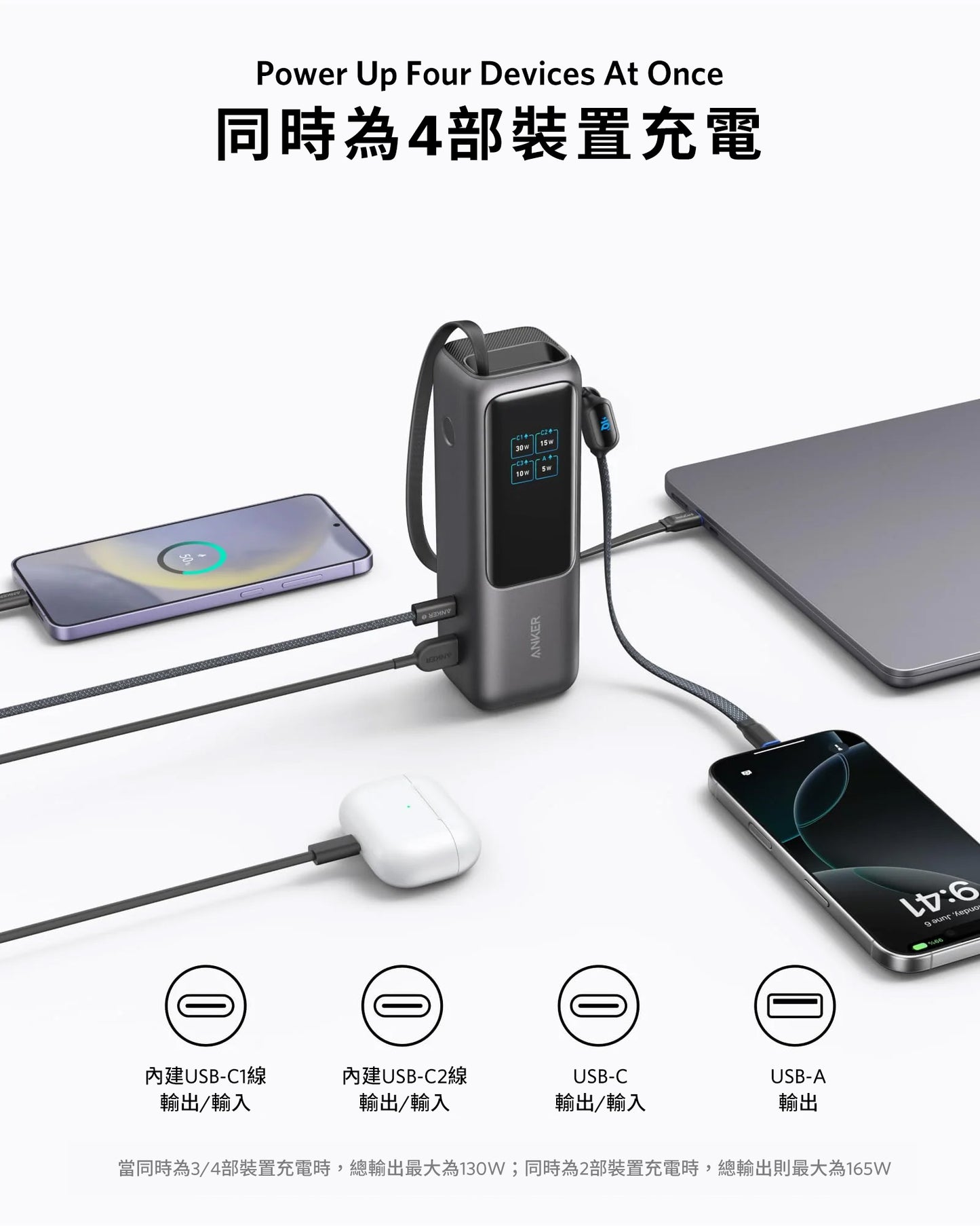 Anker Power Bank (25K, 165W, Built-In and Retractable Cables) 100W PD 行動電源