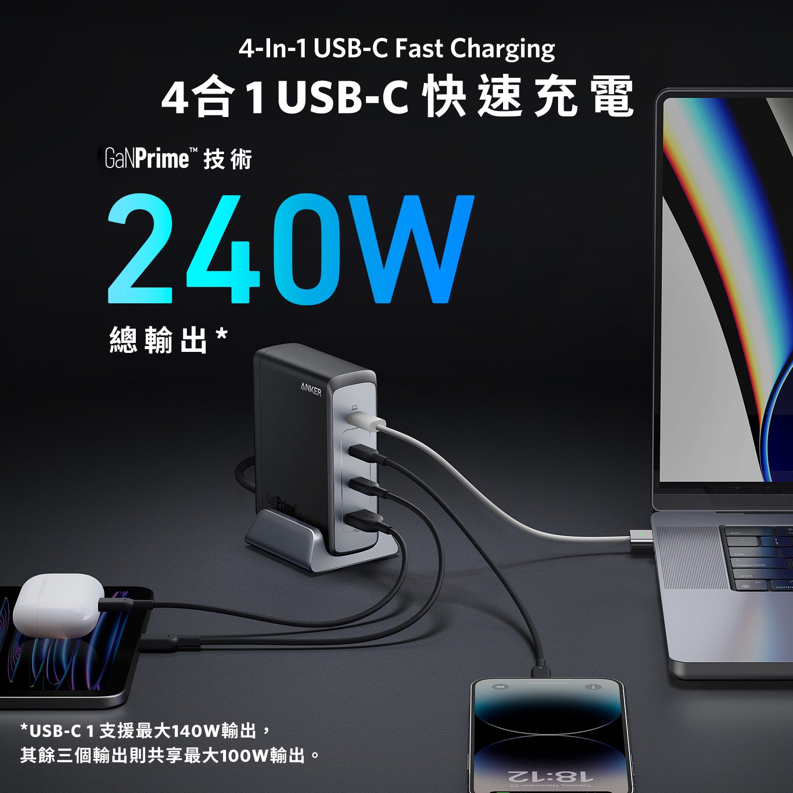 Anker Prime 240W GaN Desktop Charger (4 Ports) 4輸出桌上充電器