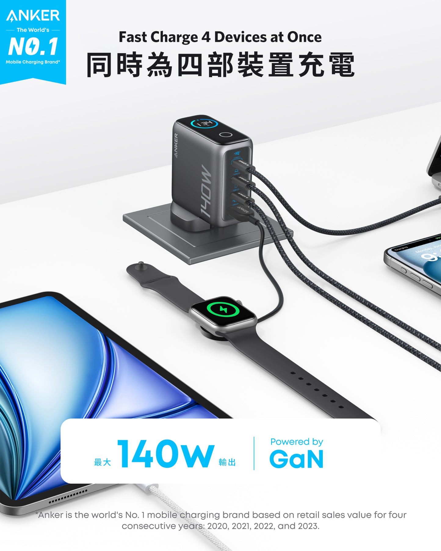 Anker Charger (140W, 4-Port, PD 3.1) 4輸出牆插充電器連 USB-C 充電線